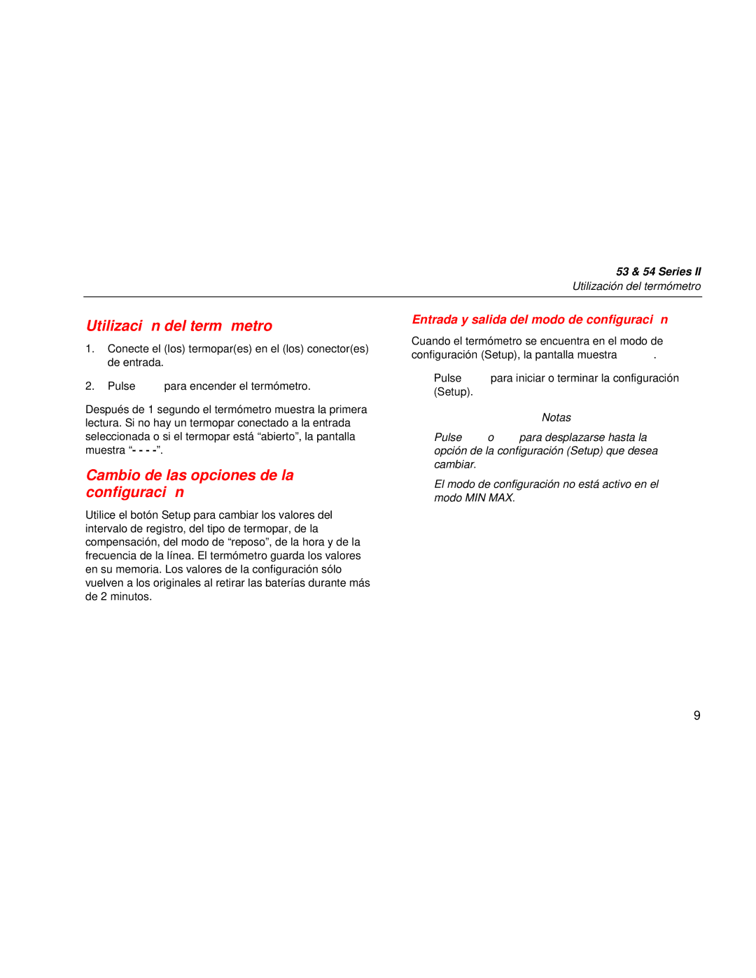 Fluke 53 Series manual Utilizació n del termó metro, Cambio de las opciones de la configuració n 