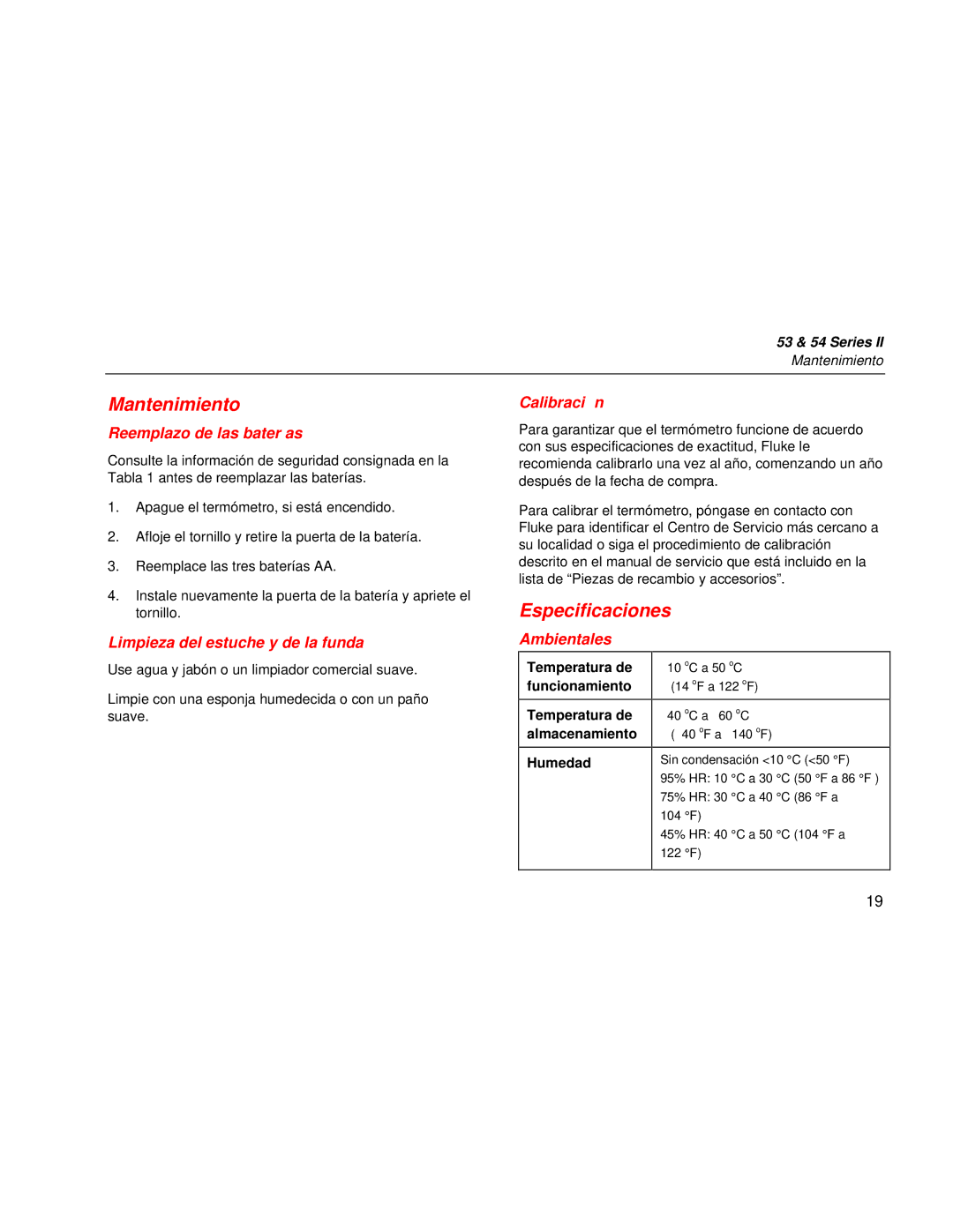 Fluke 53 Series manual Mantenimiento, Especificaciones 