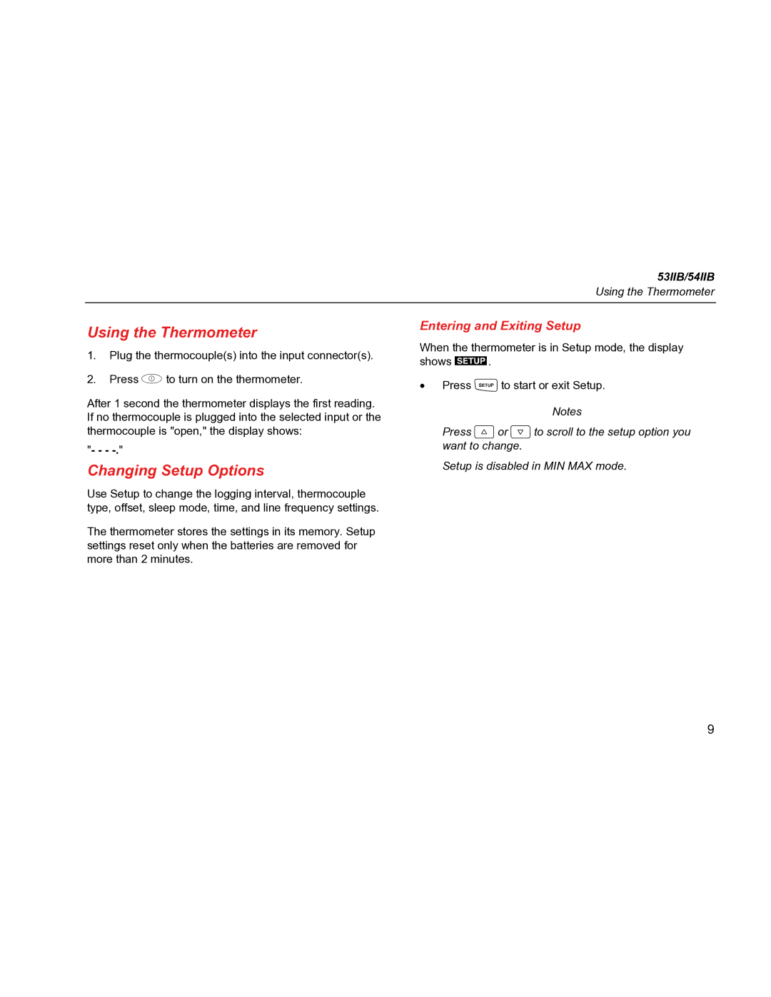 Fluke 54IIB, 53IIB specifications Using the Thermometer, Changing Setup Options, Entering and Exiting Setup 