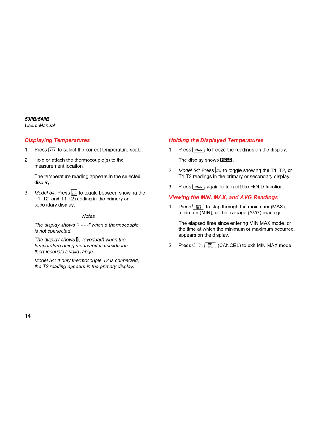 Fluke 53IIB, 54IIB Displaying Temperatures, Holding the Displayed Temperatures, Viewing the MIN, MAX, and AVG Readings 