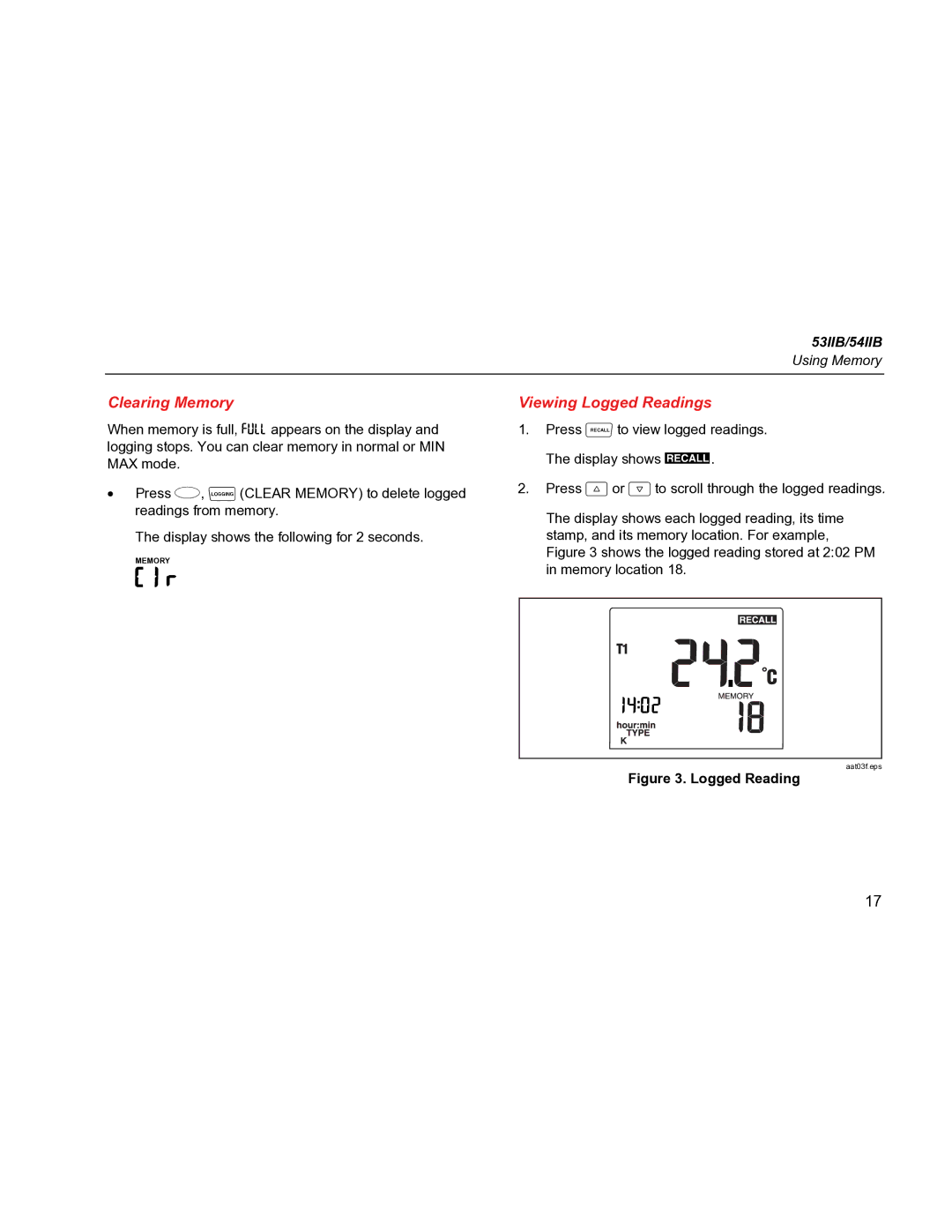 Fluke 54IIB, 53IIB specifications Clearing Memory, Viewing Logged Readings 