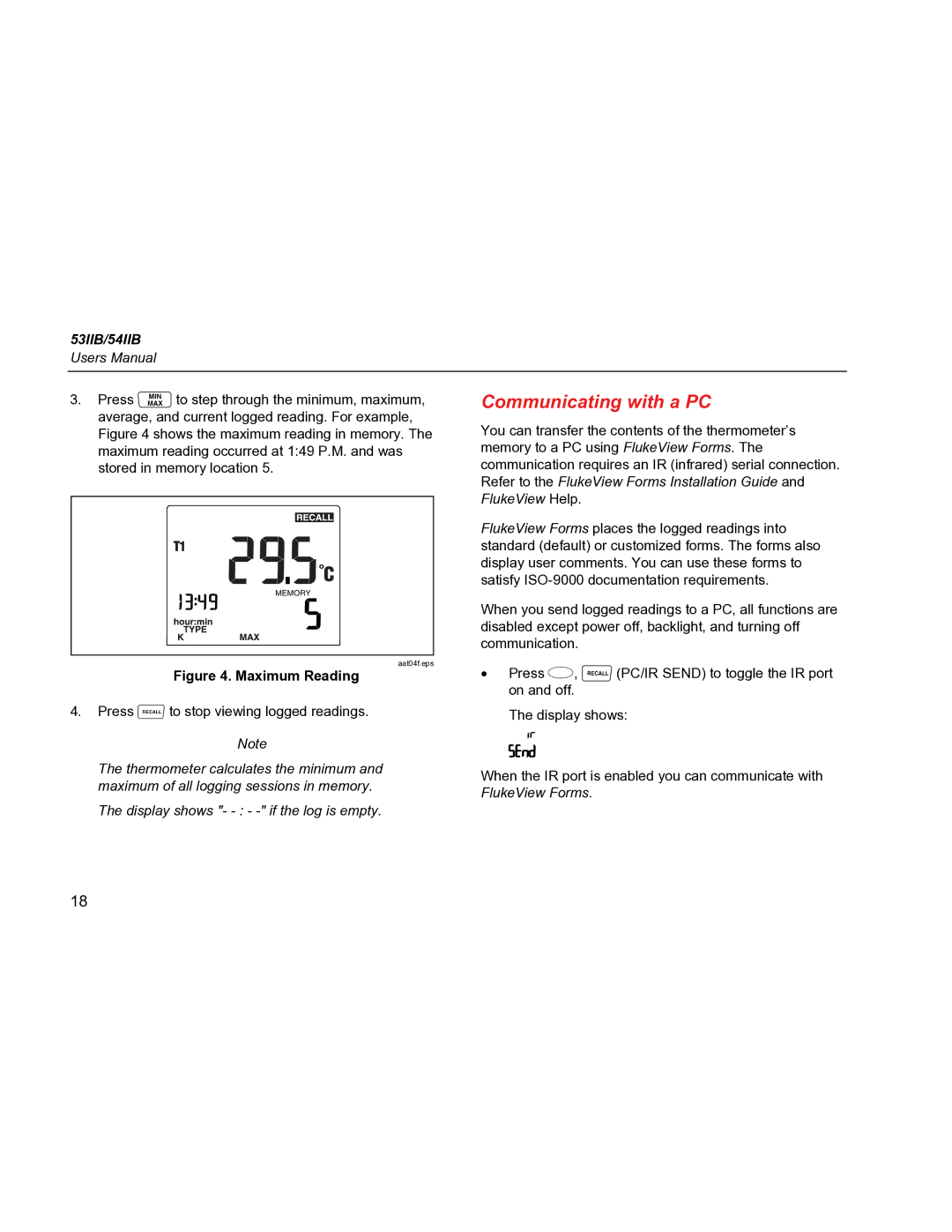 Fluke 53IIB, 54IIB specifications Communicating with a PC,  