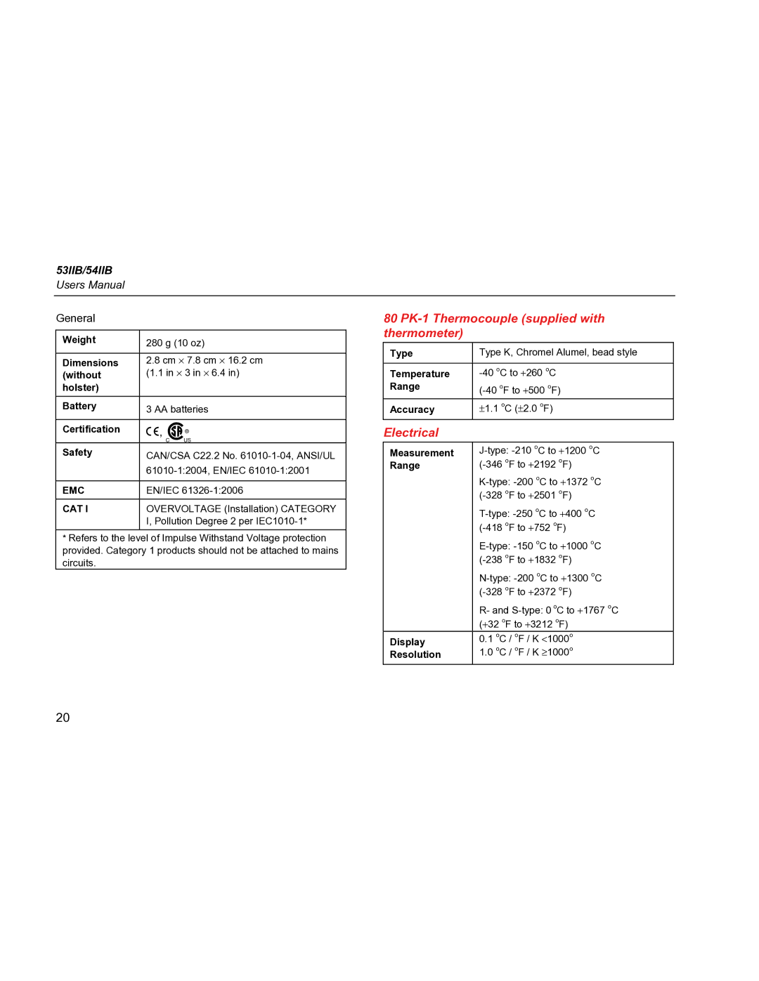 Fluke 53IIB, 54IIB specifications 80 PK-1 Thermocouple supplied with thermometer, Electrical 