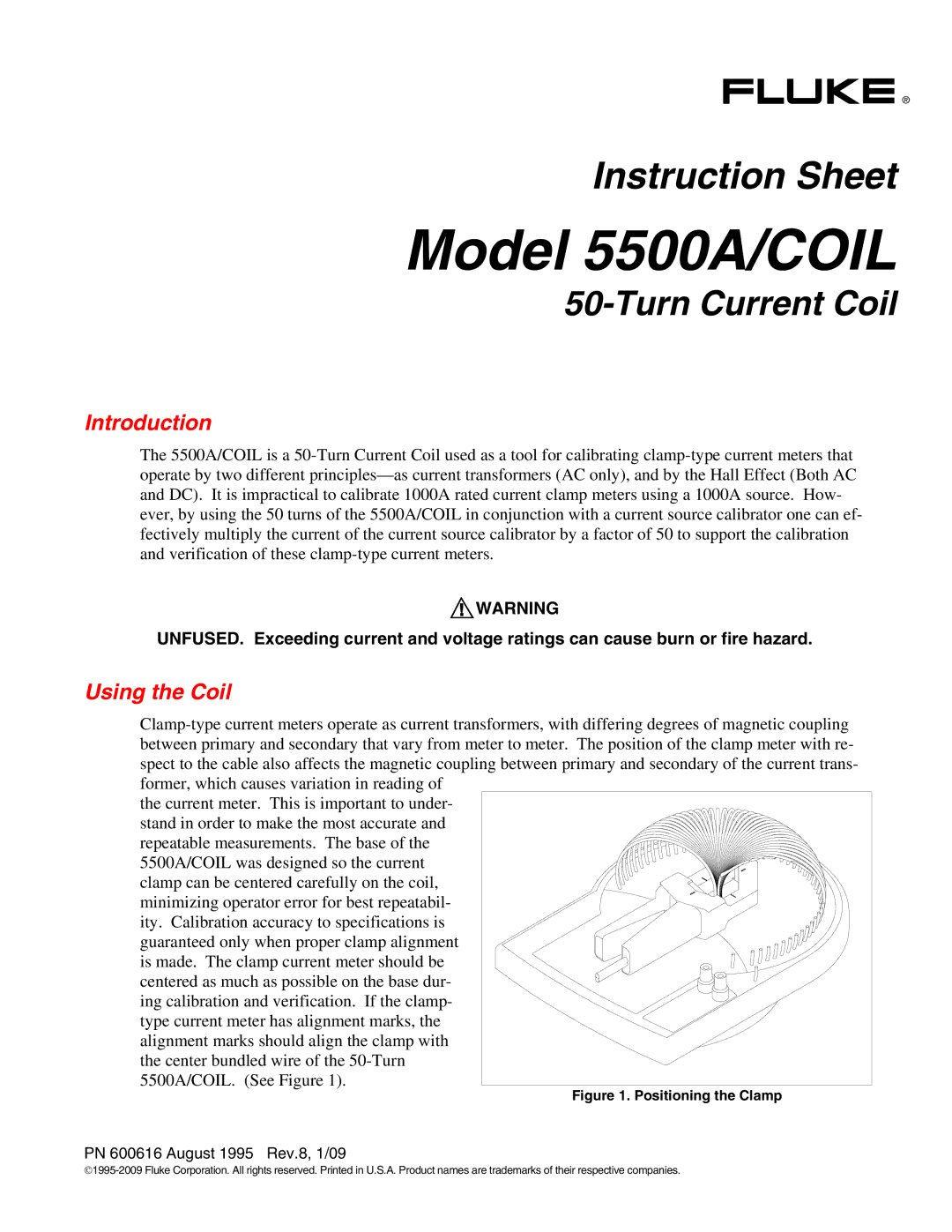 Fluke instruction sheet Model 5500A/COIL, Turn Current Coil, Introduction, Using the Coil 