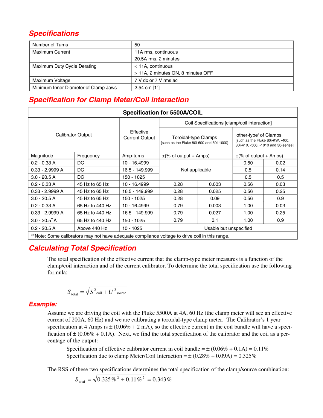 Fluke 5500A Specifications, Specification for Clamp Meter/Coil interaction, Calculating Total Specification, Example 