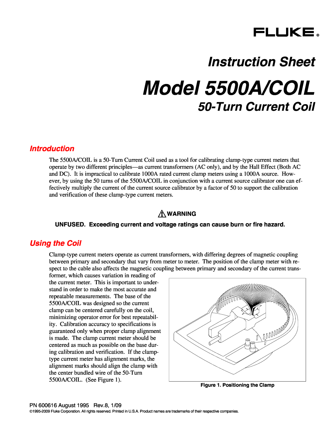 Fluke instruction sheet Introduction, Using the Coil, Pwarning, Model 5500A/COIL, Instruction Sheet, Turn Current Coil 