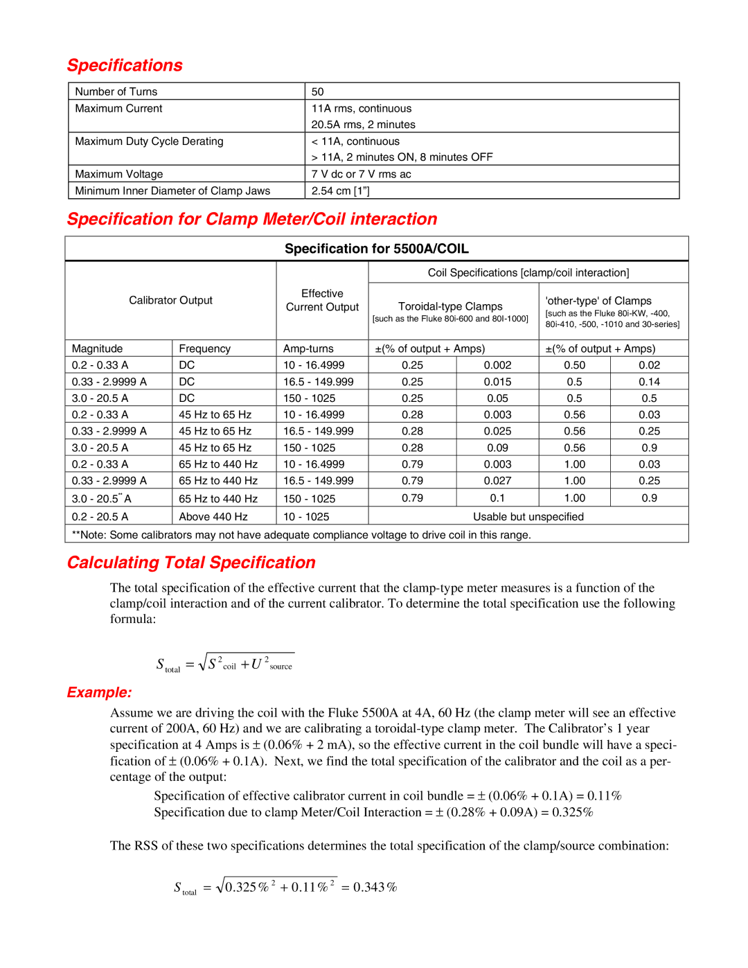 Fluke 5500A/COIL Specifications, Specification for Clamp Meter/Coil interaction, Calculating Total Specification, Example 