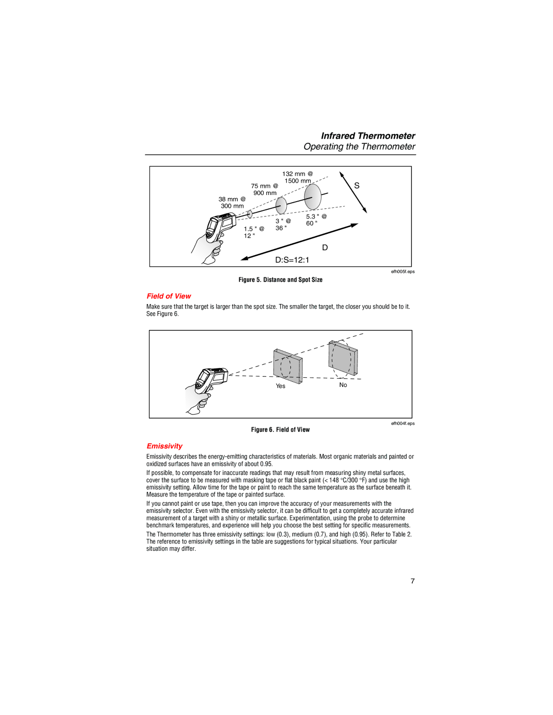 Fluke 561 user manual Operating the Thermometer, Field of View, Emissivity 