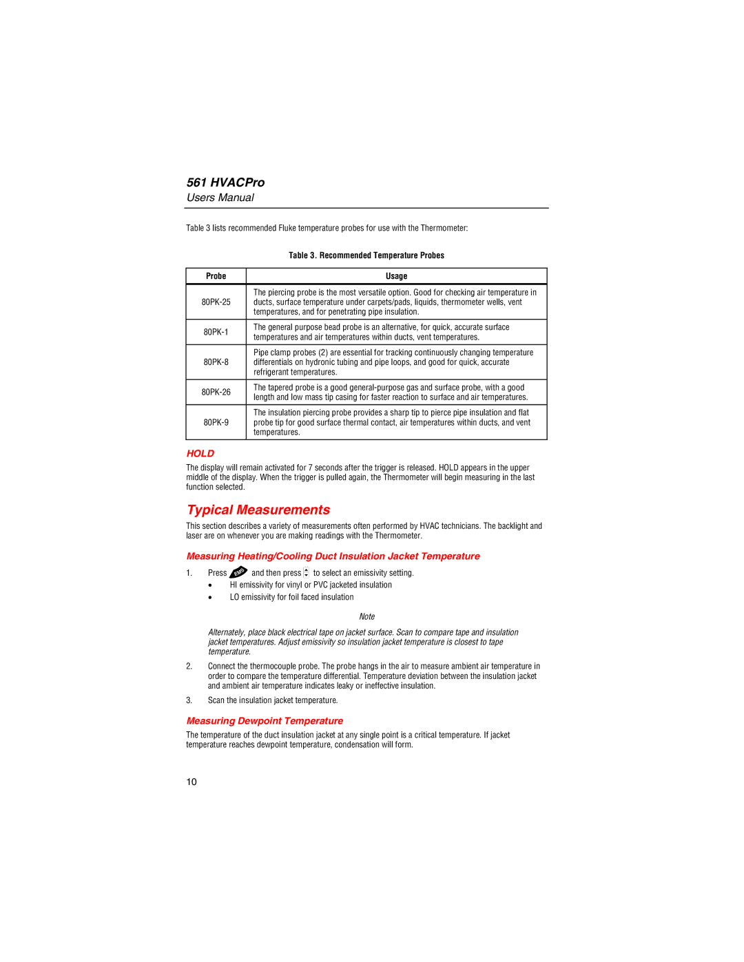 Fluke 561 user manual Typical Measurements, Measuring Dewpoint Temperature 