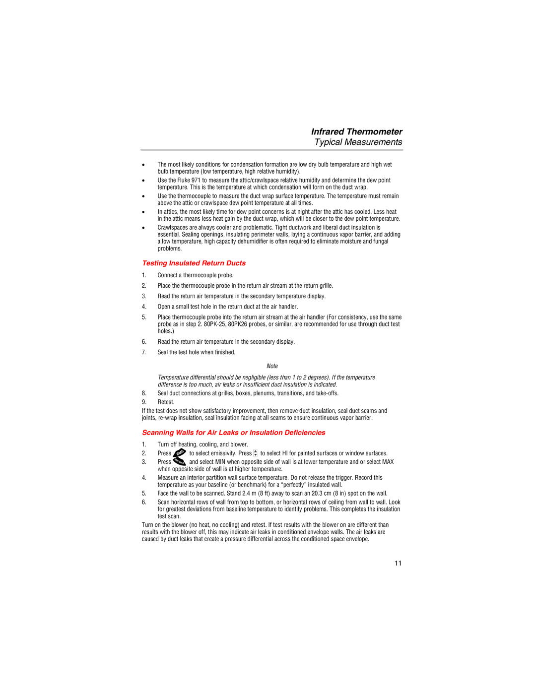 Fluke 561 Typical Measurements, Testing Insulated Return Ducts, Scanning Walls for Air Leaks or Insulation Deficiencies 