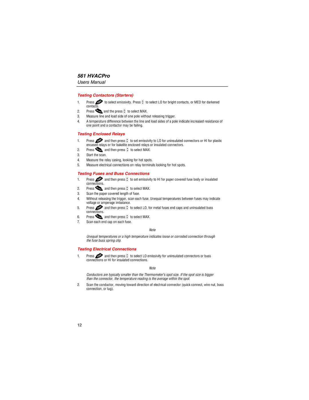 Fluke 561 user manual Testing Contactors Starters, Testing Enclosed Relays, Testing Fuses and Buss Connections 