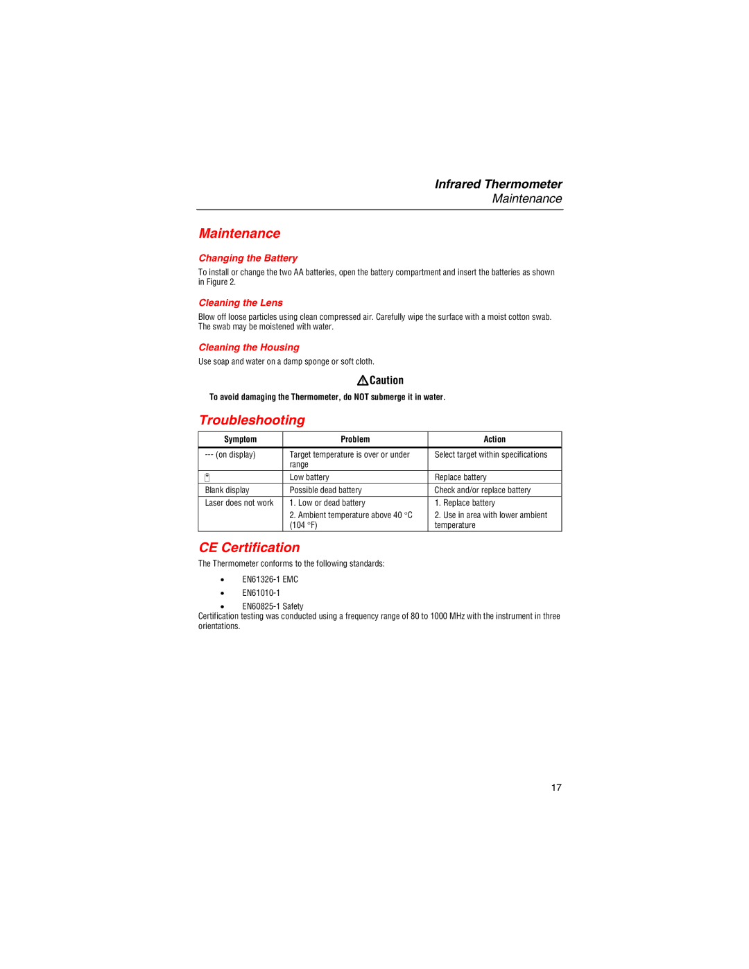 Fluke 561 user manual Maintenance, Troubleshooting, CE Certification 