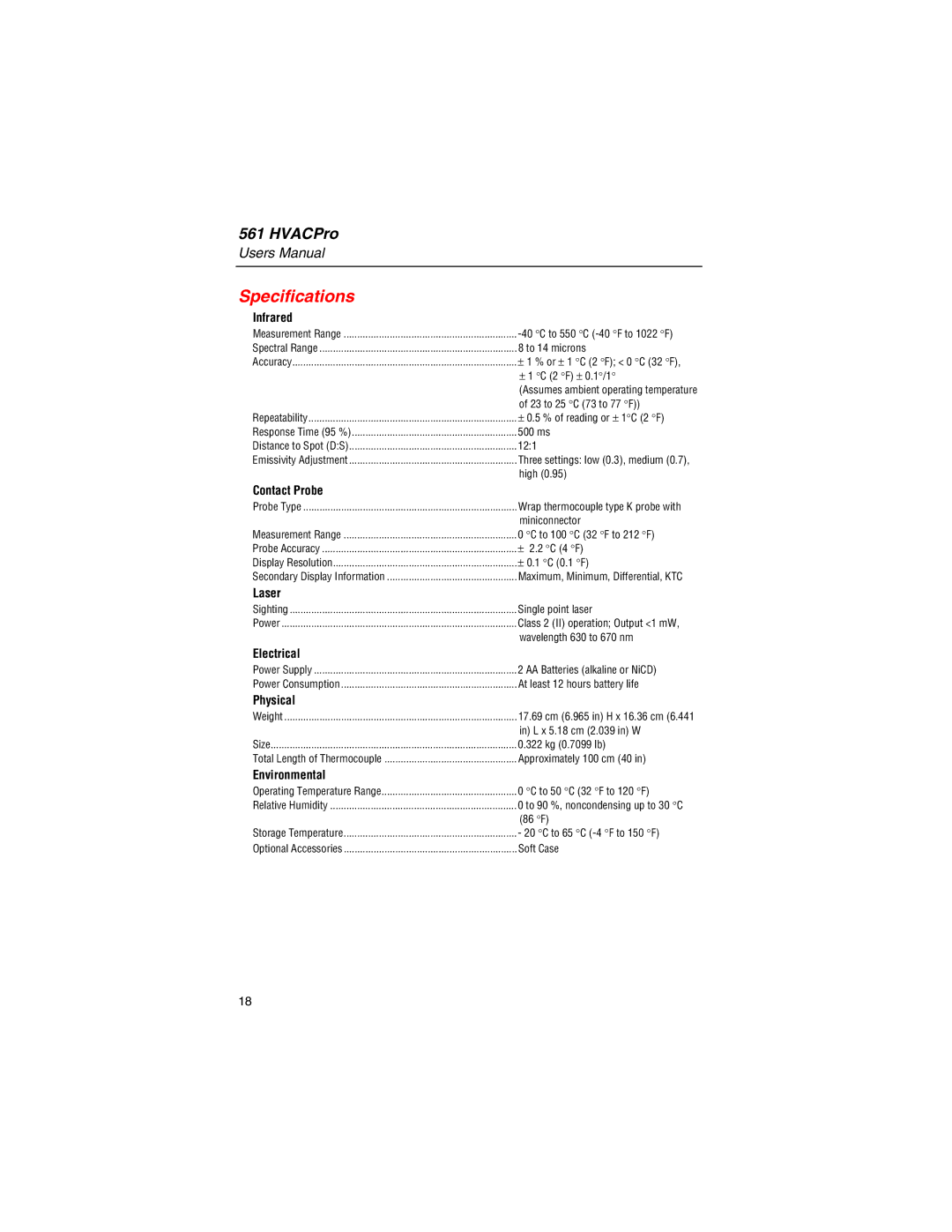 Fluke 561 user manual Specifications, Infrared 