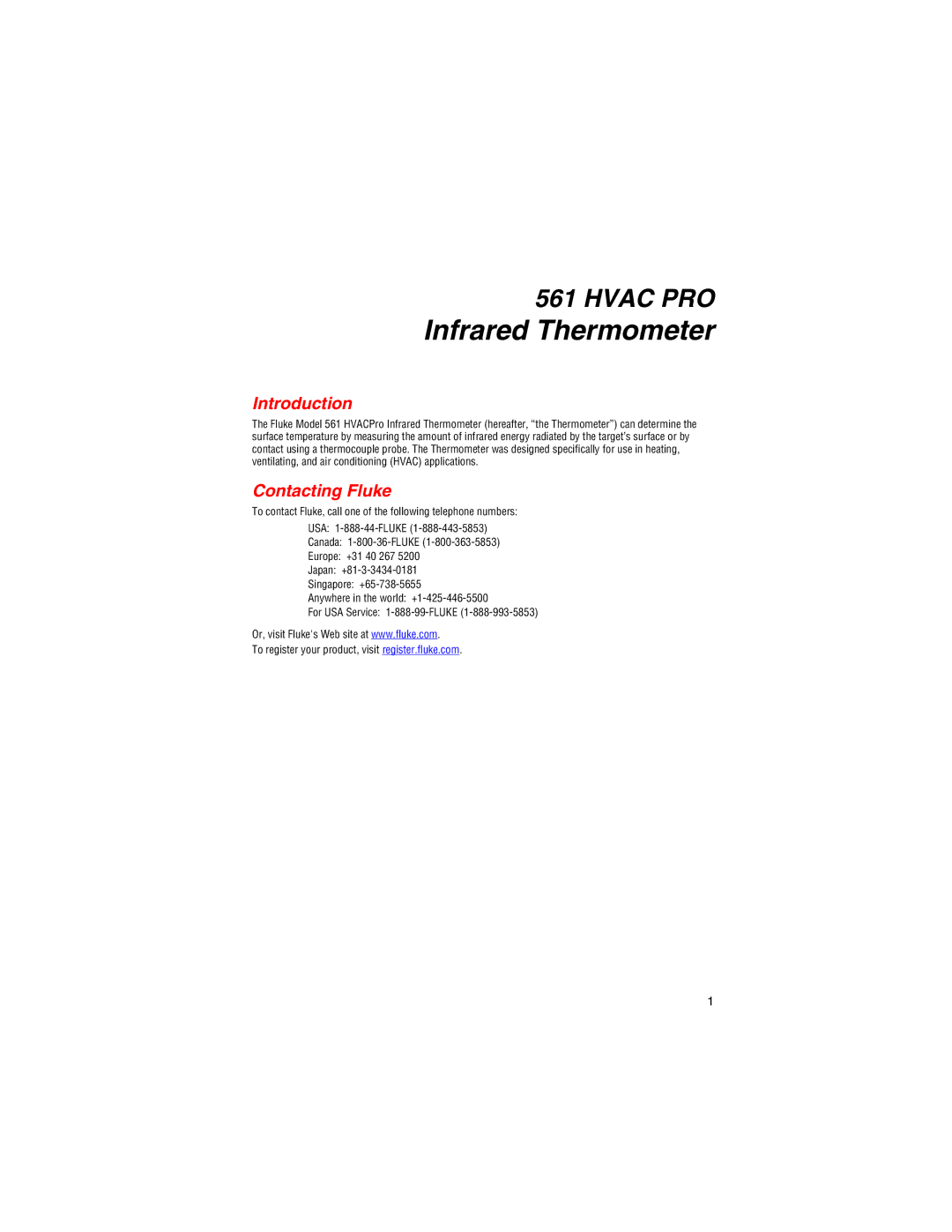 Fluke 561 user manual Introduction, Contacting Fluke 