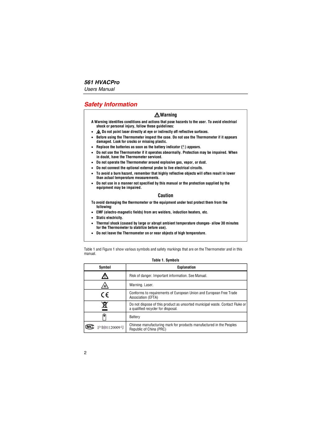 Fluke 561 user manual Safety Information, WWarning 