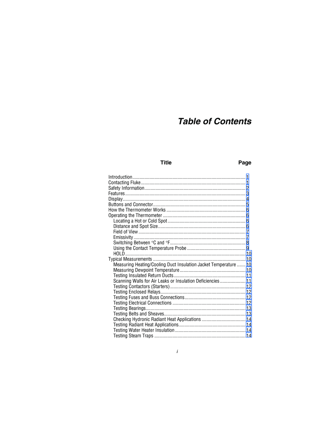 Fluke 561 user manual Table of Contents, Page, Title, Measuring Heating/Cooling Duct Insulation Jacket Temperature 