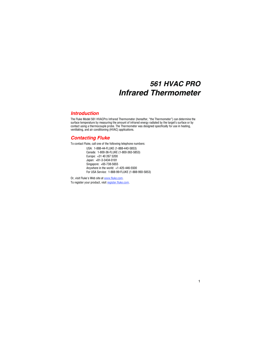 Fluke 561 user manual Hvac Pro, Introduction, Contacting Fluke, Infrared Thermometer 