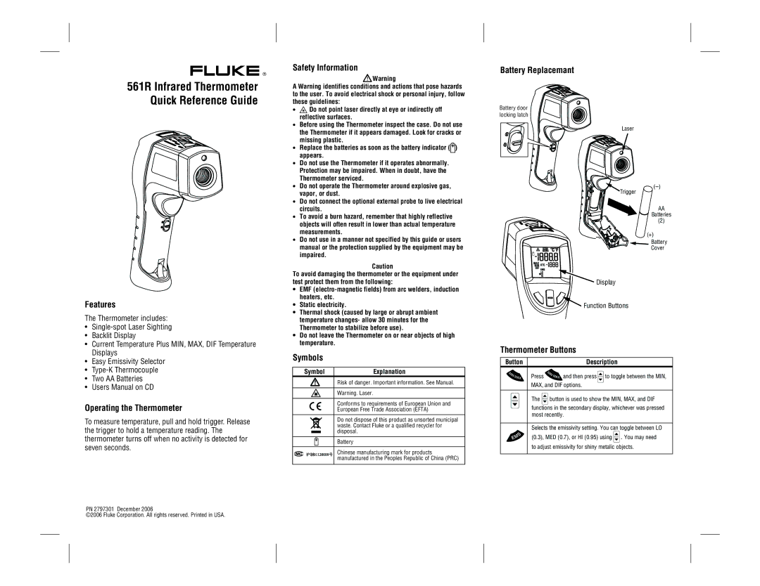 Fluke 561R user manual Features, Operating the Thermometer, Safety Information, Symbols, Battery Replacemant 