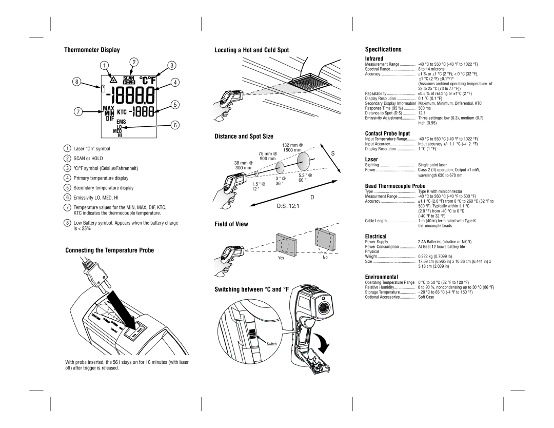 Fluke 561R user manual Thermometer Display, Specifications, Distance and Spot Size, Connecting the Temperature Probe 