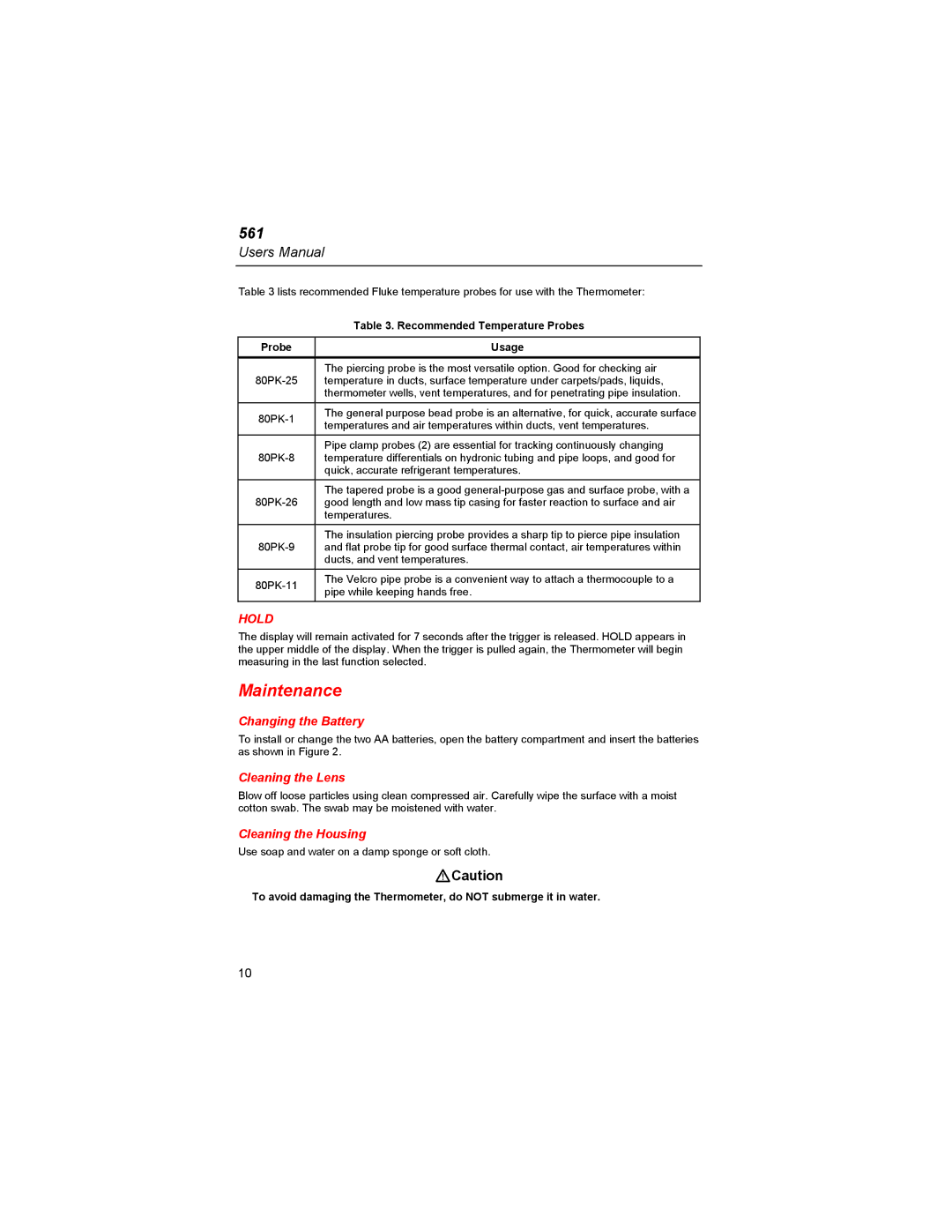 Fluke 561s user manual Maintenance, Changing the Battery, Cleaning the Lens, Cleaning the Housing 