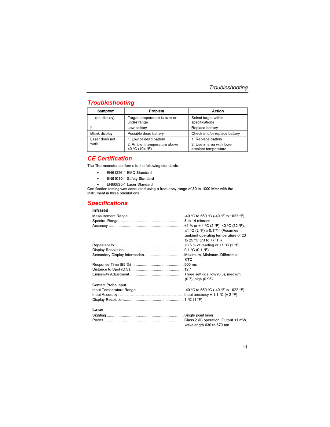 Fluke 561s user manual Troubleshooting, CE Certification, Specifications 