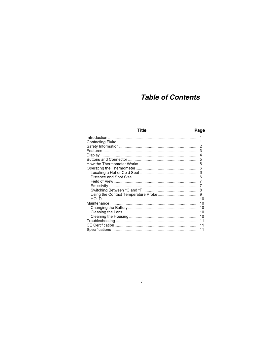 Fluke 561s user manual Table of Contents 