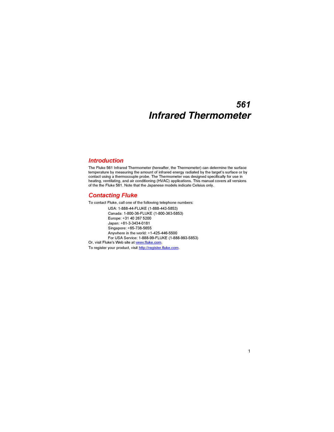 Fluke 561s user manual Introduction, Contacting Fluke 