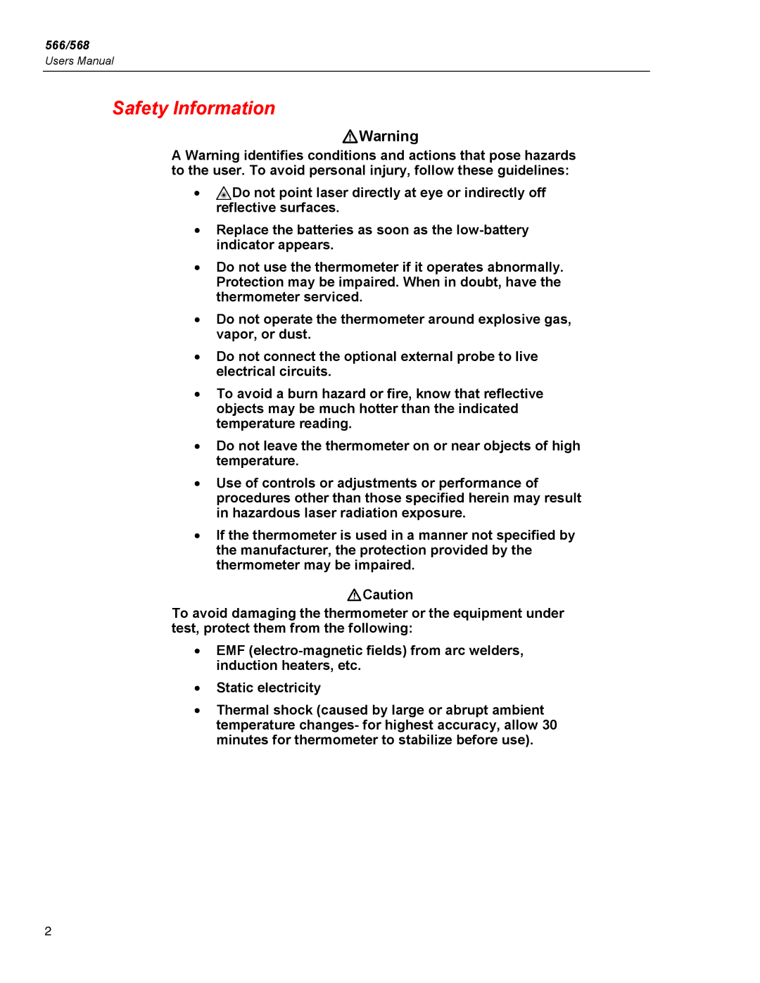 Fluke 566, 568 user manual Safety Information, WWarning 