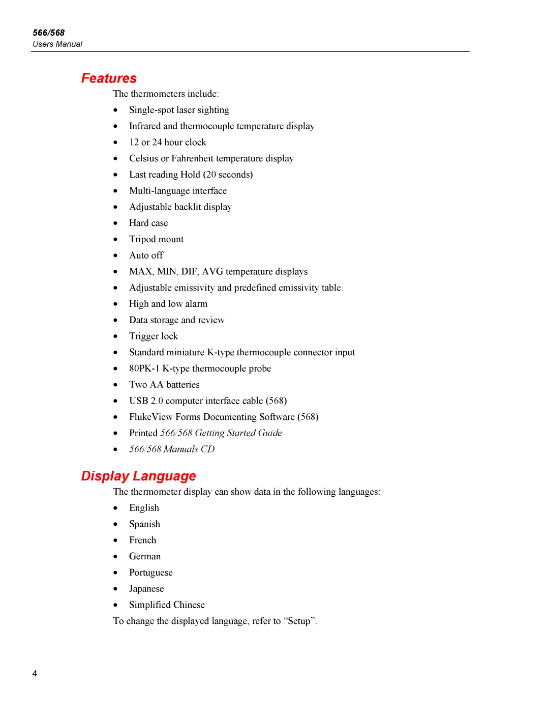 Fluke 566, 568 user manual Features, Display Language 