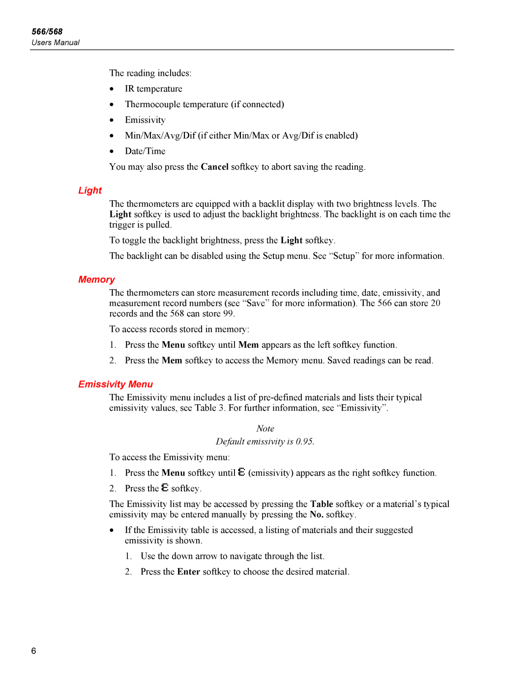 Fluke 566, 568 user manual Light, Memory, Emissivity Menu 