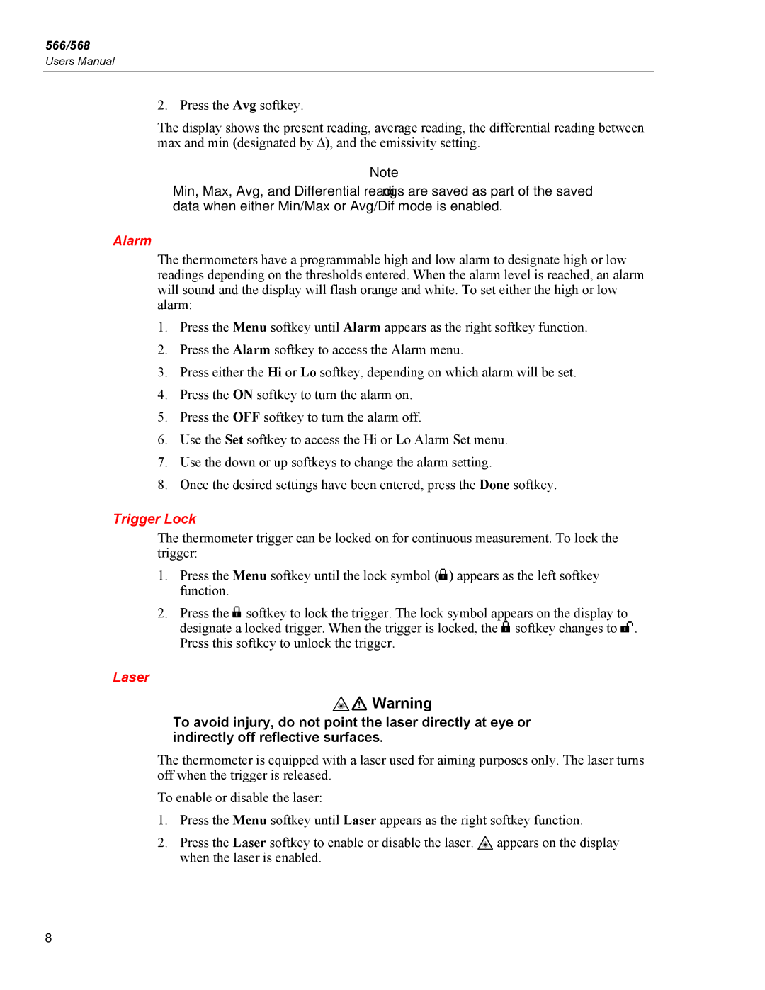 Fluke 566, 568 user manual Alarm, Trigger Lock, Laser 