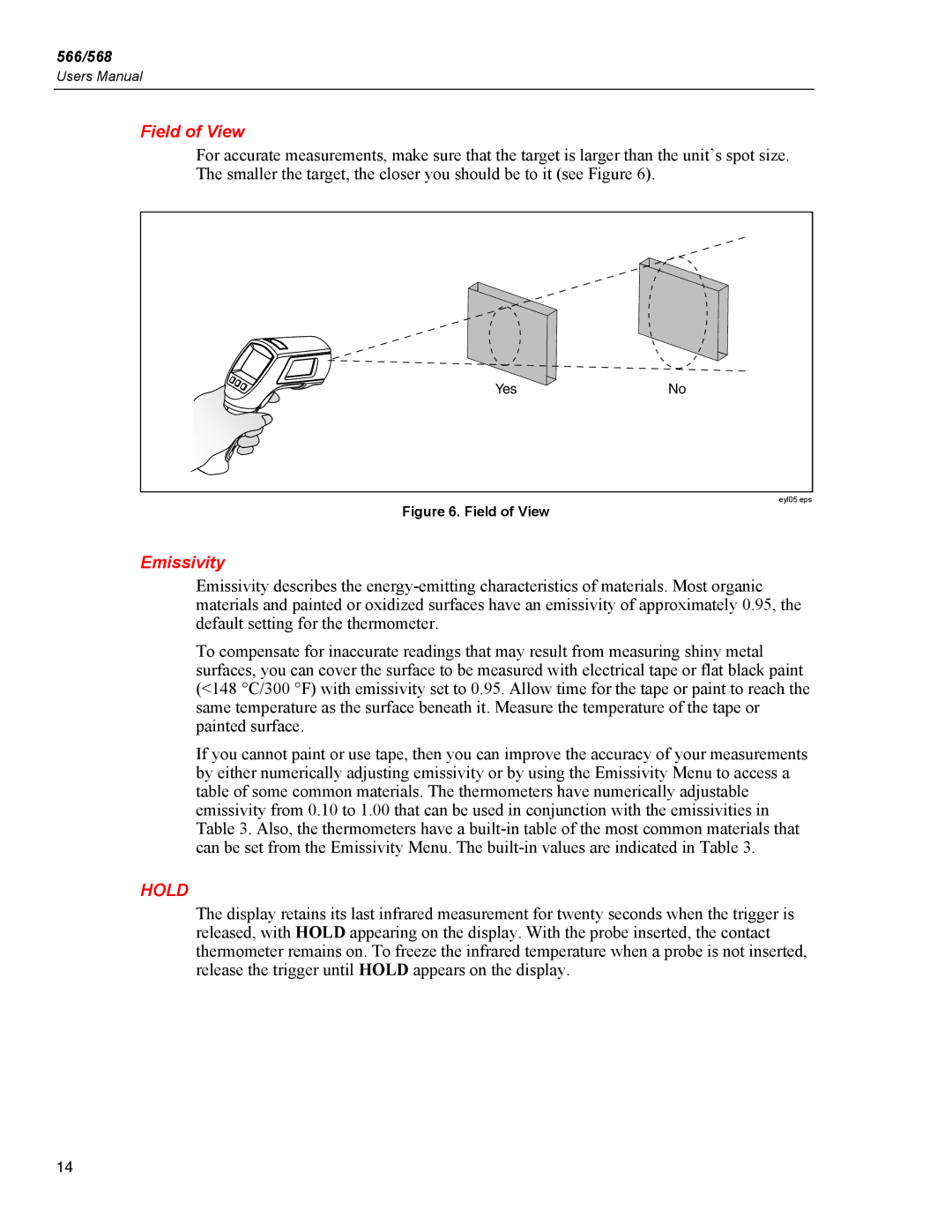 Fluke 566, 568 user manual Field of View, Emissivity 