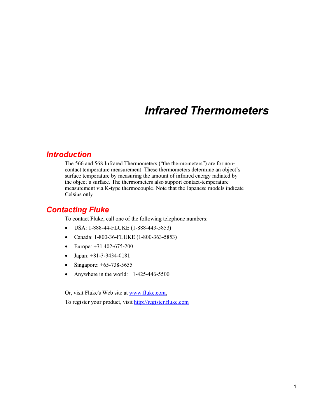 Fluke 568, 566 user manual Introduction, Contacting Fluke 