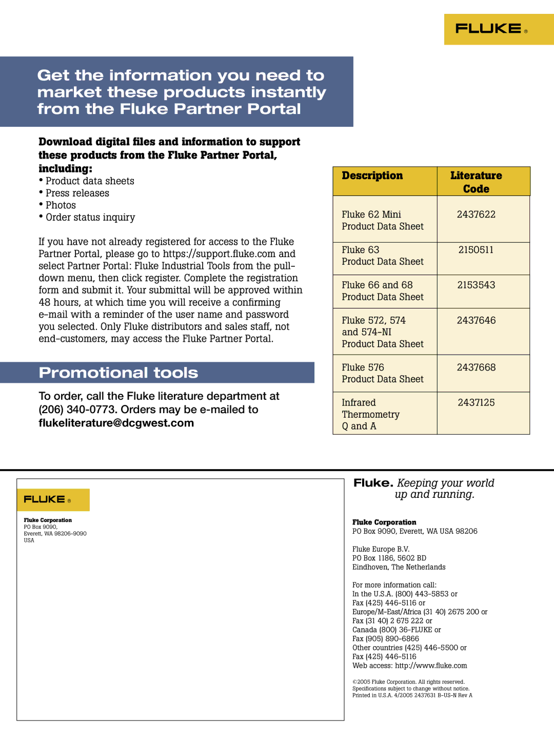 Fluke 66, 572, 68, 574, 576, 62, 63 brochure ﬂukeliterature@dcgwest.com Description Literature, Code 