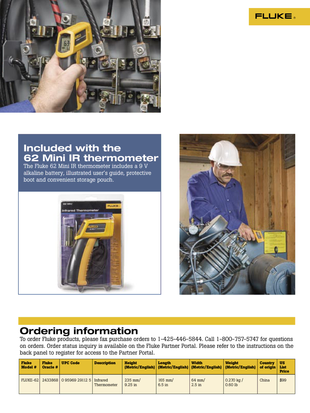 Fluke 66, 572, 68, 574, 576, 62, 63 brochure Included with Mini IR thermometer, Ordering information 