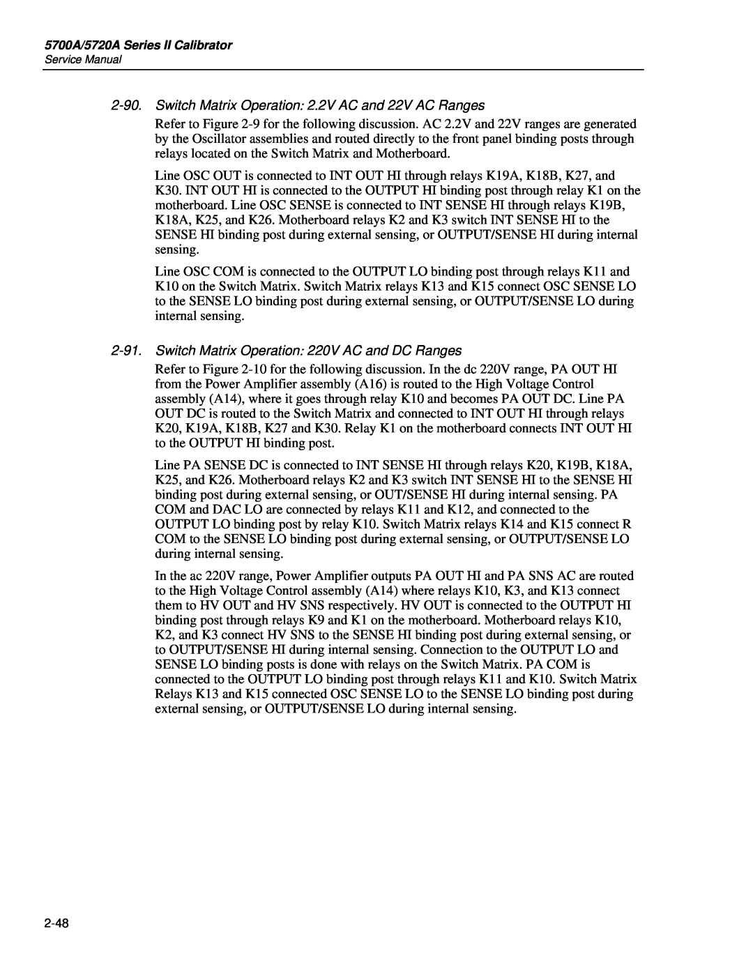 Fluke 5720A service manual Switch Matrix Operation 2.2V AC and 22V AC Ranges, Switch Matrix Operation 220V AC and DC Ranges 