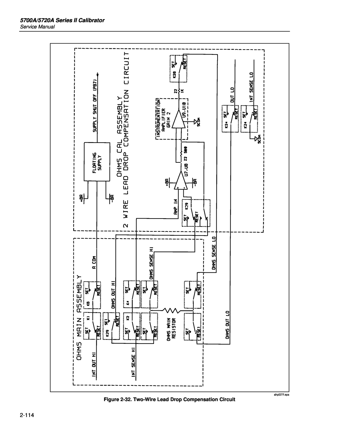 Fluke service manual 5700A/5720A Series II Calibrator, 32. Two-Wire Lead Drop Compensation Circuit, ahp027f.eps 