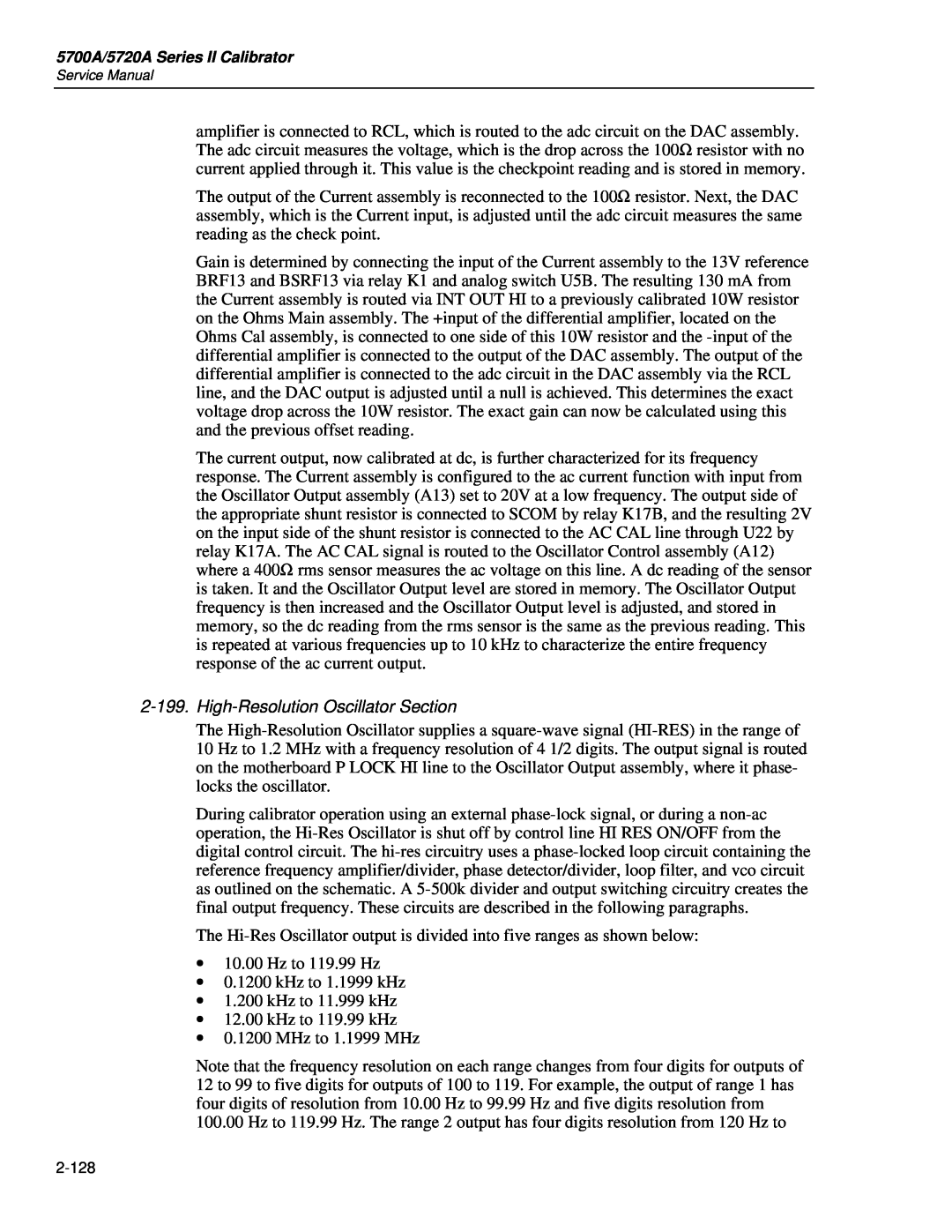 Fluke 5720A service manual High-Resolution Oscillator Section, ∙ 10.00 Hz to 119.99 Hz ∙ 0.1200 kHz to 1.1999 kHz 