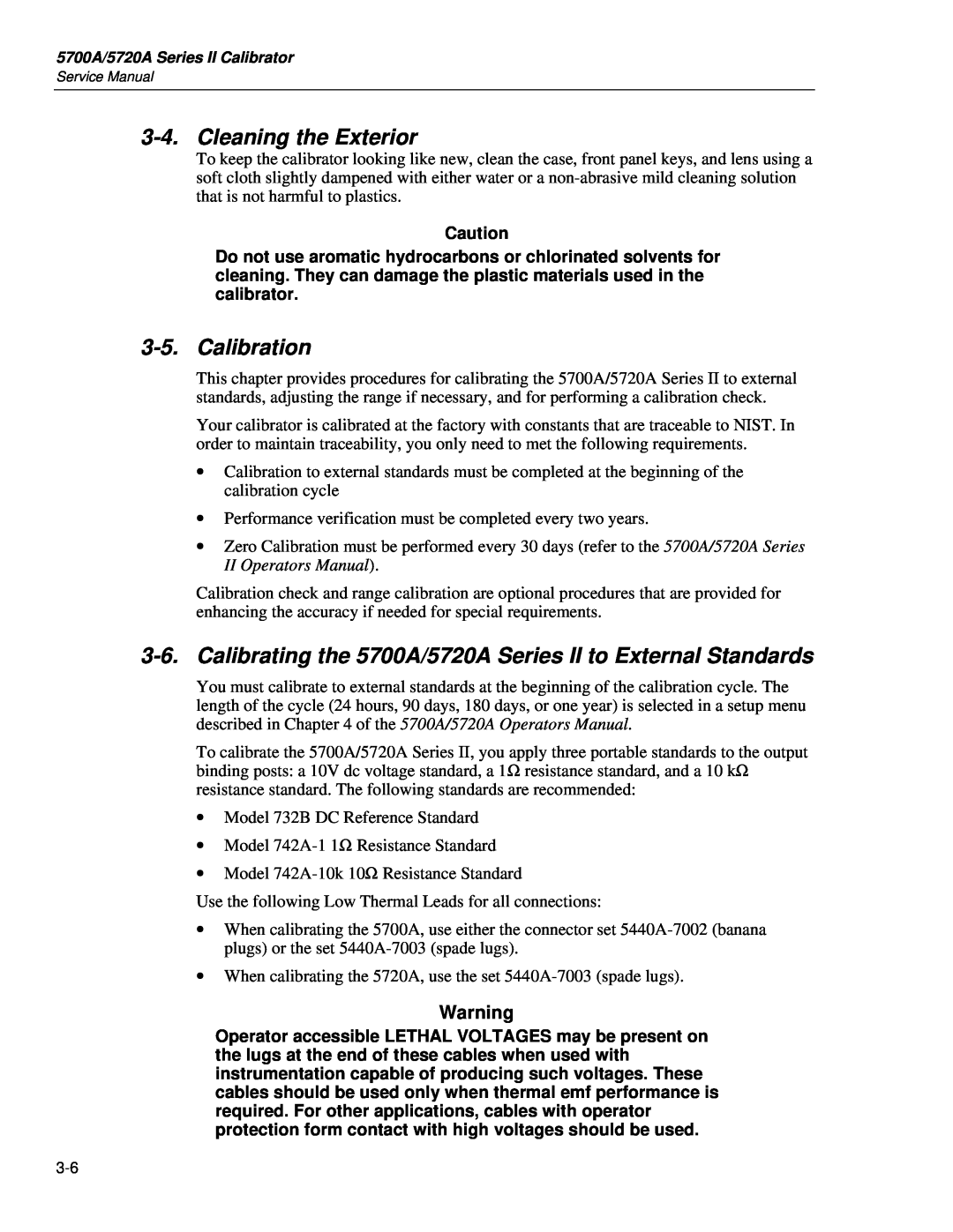 Fluke service manual Cleaning the Exterior, Calibration, Calibrating the 5700A/5720A Series II to External Standards 