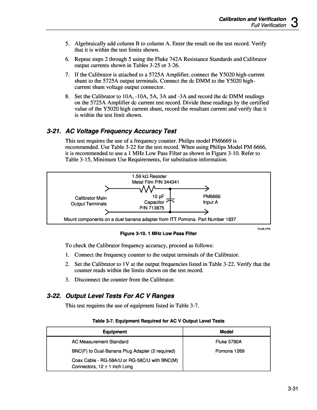 Fluke 5720A service manual AC Voltage Frequency Accuracy Test, Output Level Tests For AC V Ranges 