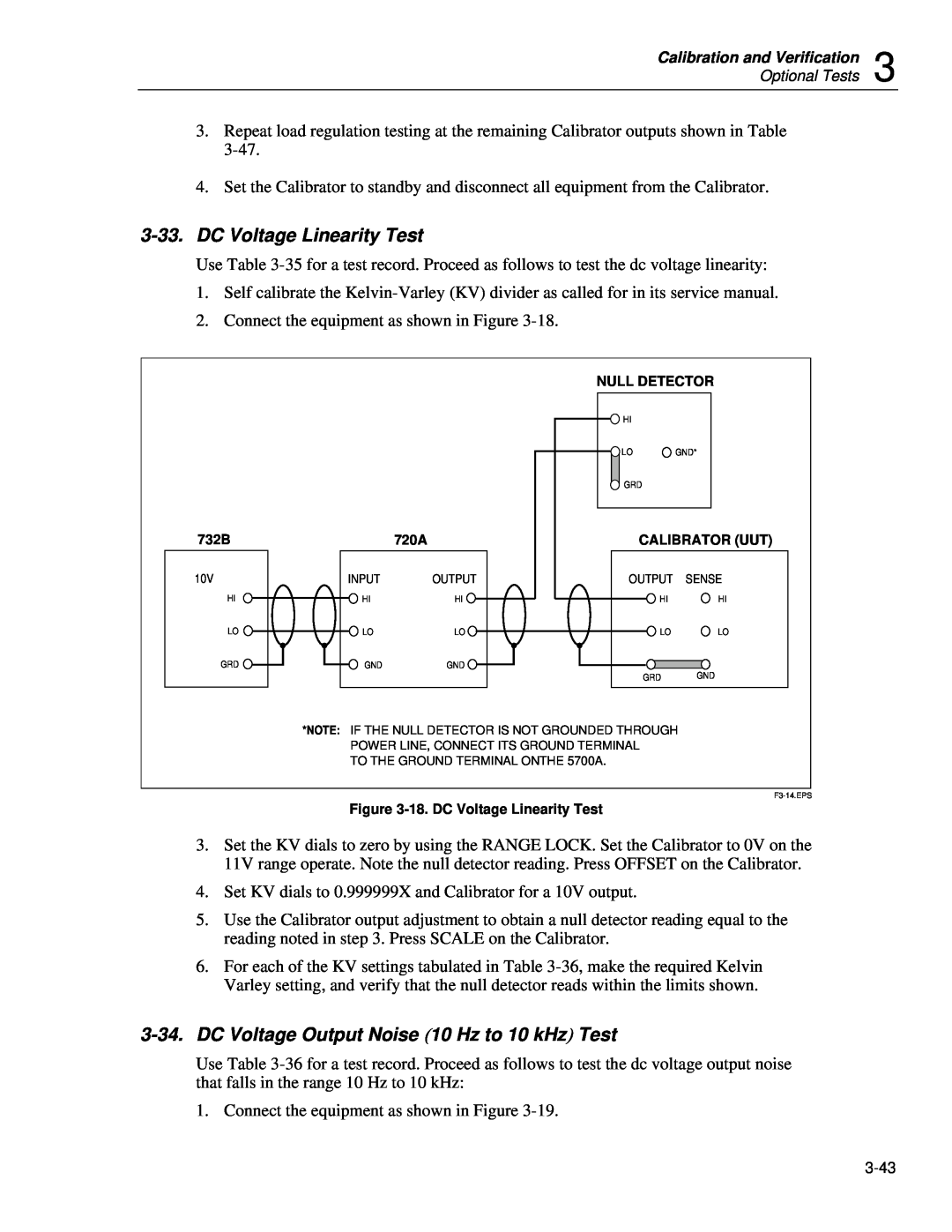 Fluke 5720A service manual DC Voltage Linearity Test, DC Voltage Output Noise 10 Hz to 10 kHz Test, Optional Tests 