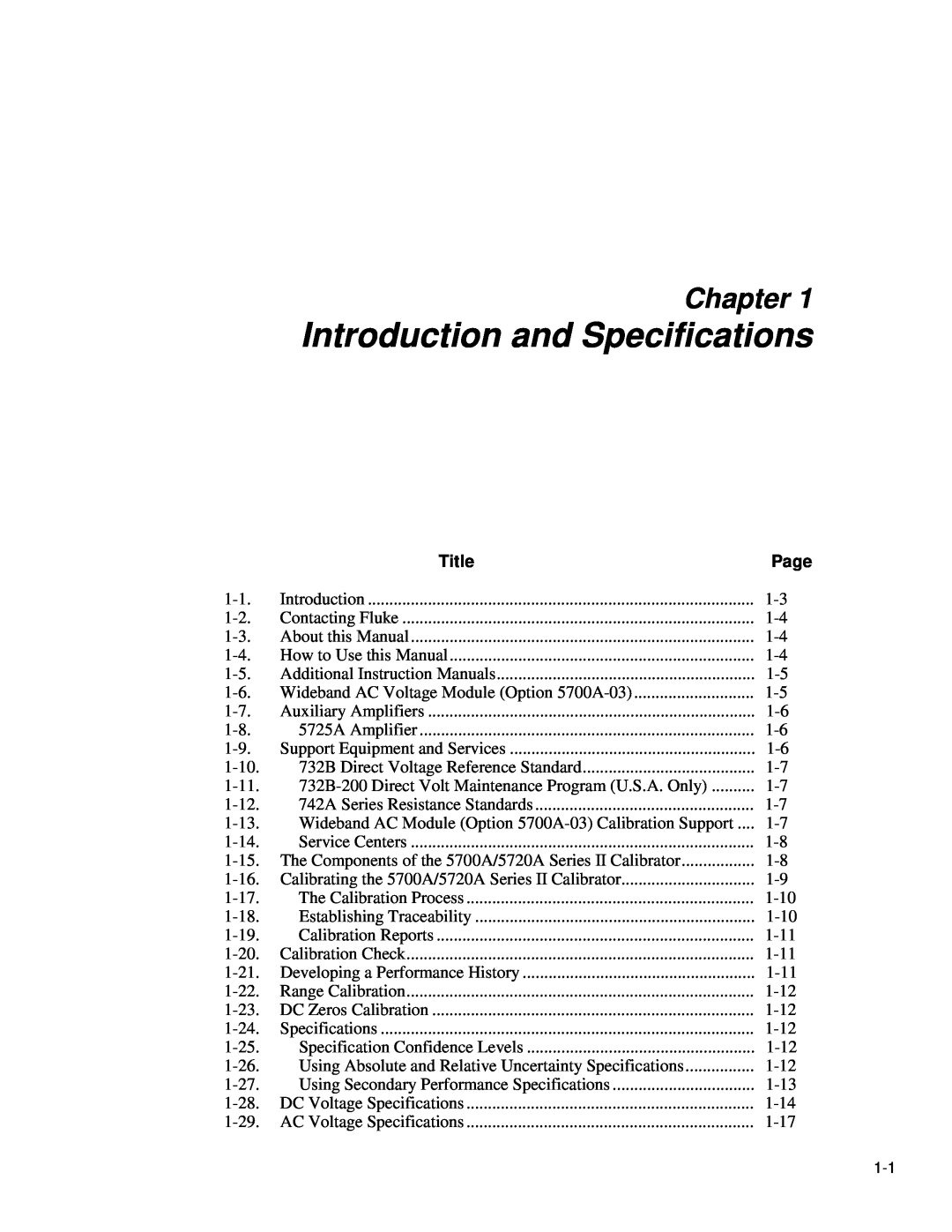 Fluke 5720A service manual Introduction and Specifications, Chapter, Title 