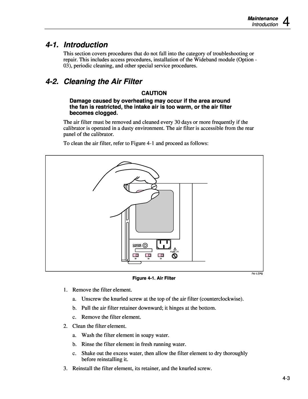 Fluke 5720A service manual Introduction, Cleaning the Air Filter 