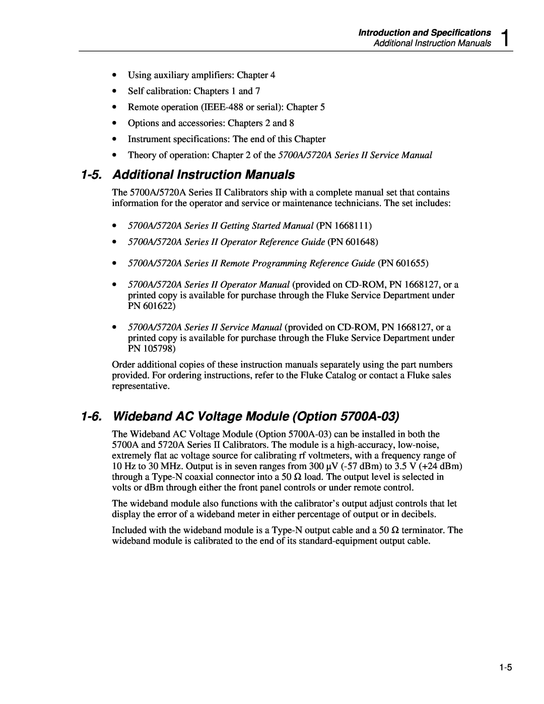 Fluke 5720A service manual Additional Instruction Manuals, Wideband AC Voltage Module Option 5700A-03 
