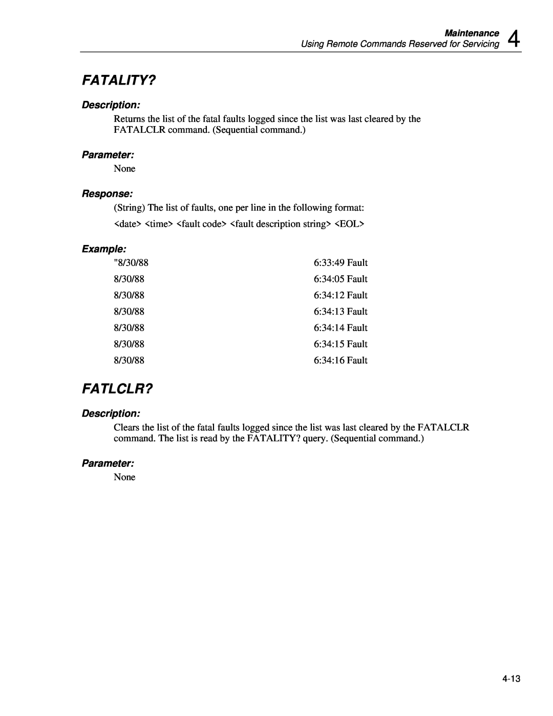 Fluke 5720A service manual Fatality?, Fatlclr?, Response, Description, Parameter, Example 