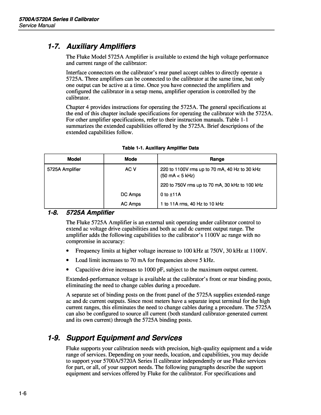 Fluke 5720A service manual Auxiliary Amplifiers, Support Equipment and Services, 1-8. 5725A Amplifier 