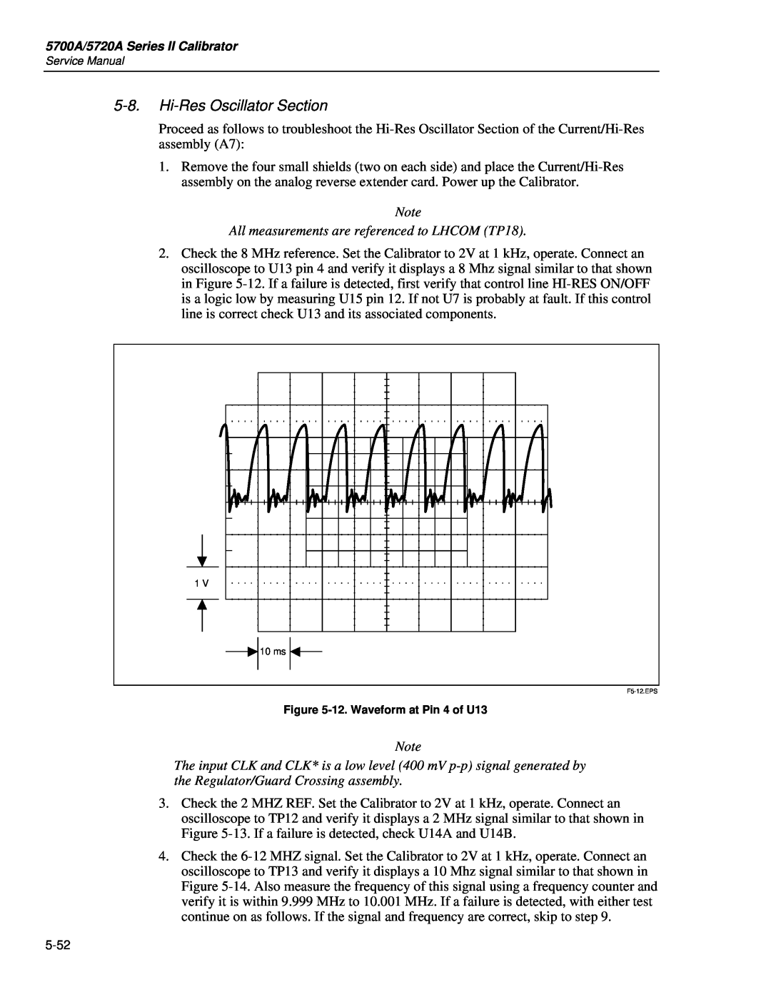 Fluke 5720A service manual Hi-Res Oscillator Section, All measurements are referenced to LHCOM TP18 