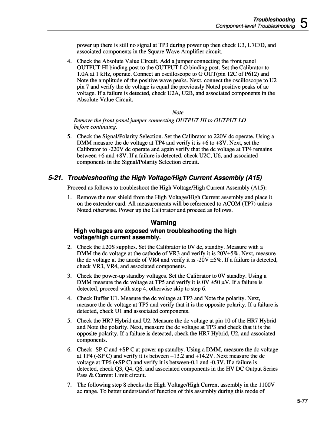 Fluke 5720A service manual Troubleshooting the High Voltage/High Current Assembly A15 