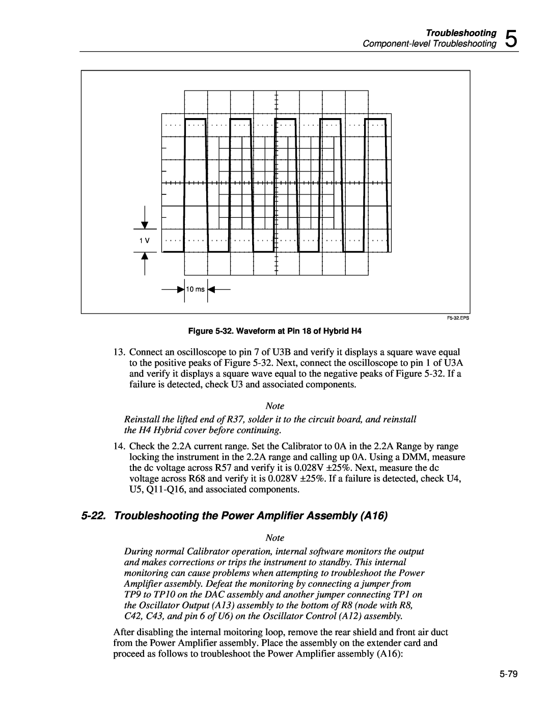 Fluke 5720A service manual Troubleshooting the Power Amplifier Assembly A16, 32. Waveform at Pin 18 of Hybrid H4 