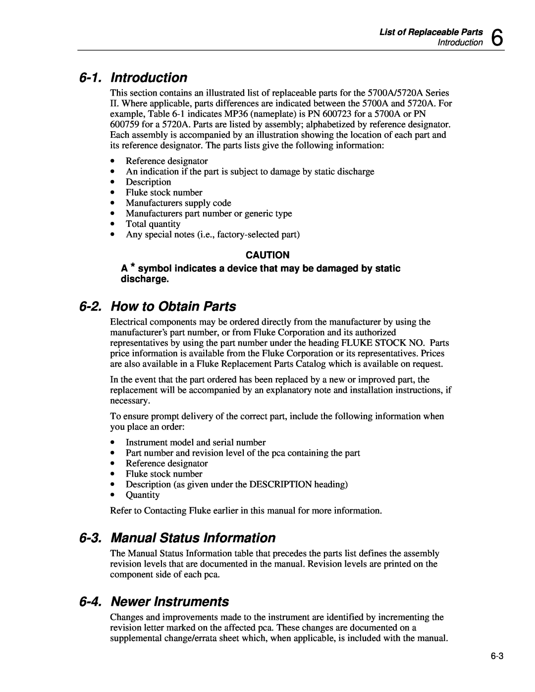 Fluke 5720A service manual Introduction, How to Obtain Parts, Manual Status Information, Newer Instruments 